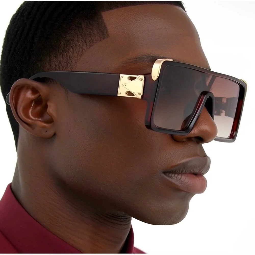 Mens Rectangular Fashion Sunglasses Brown Gradient Gold Accents Retro Modern New
